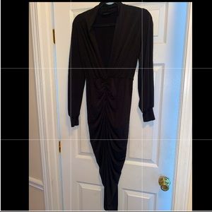 Black Deep V shoulder slit midi dress